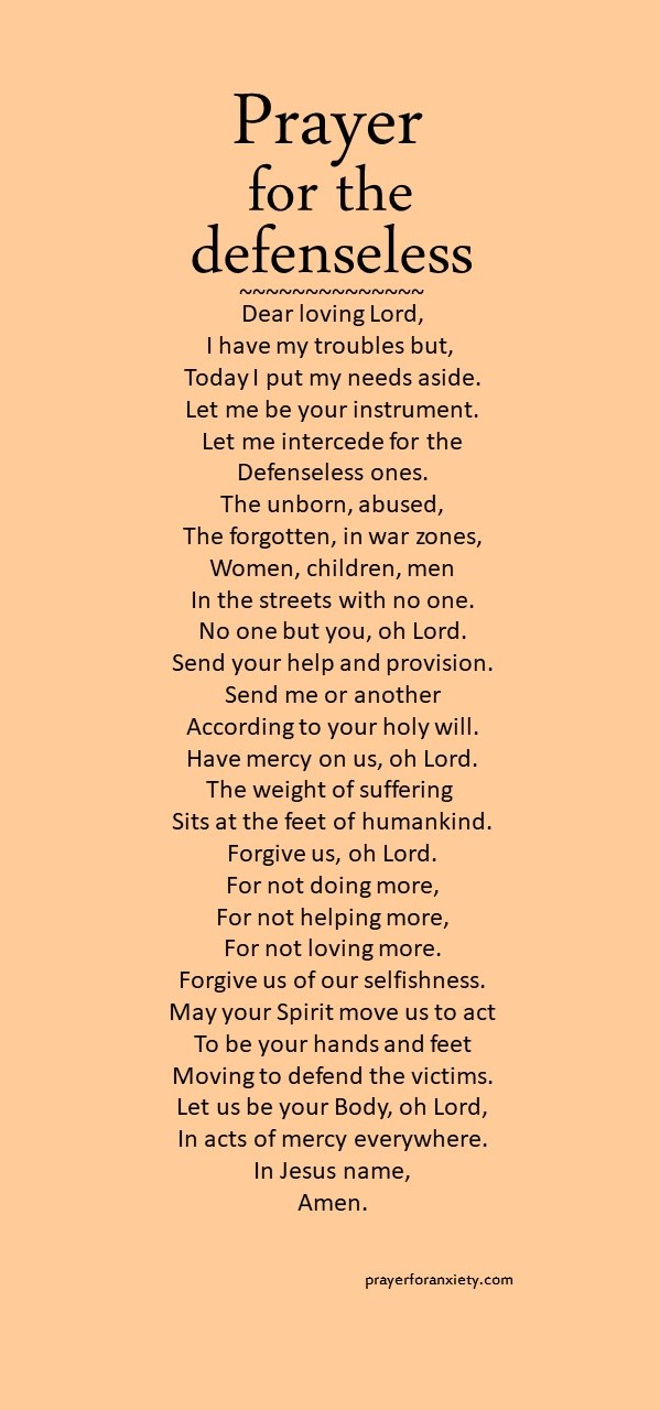 Text image of Prayer for the defenseless which calls us to prayer for victims of suffering